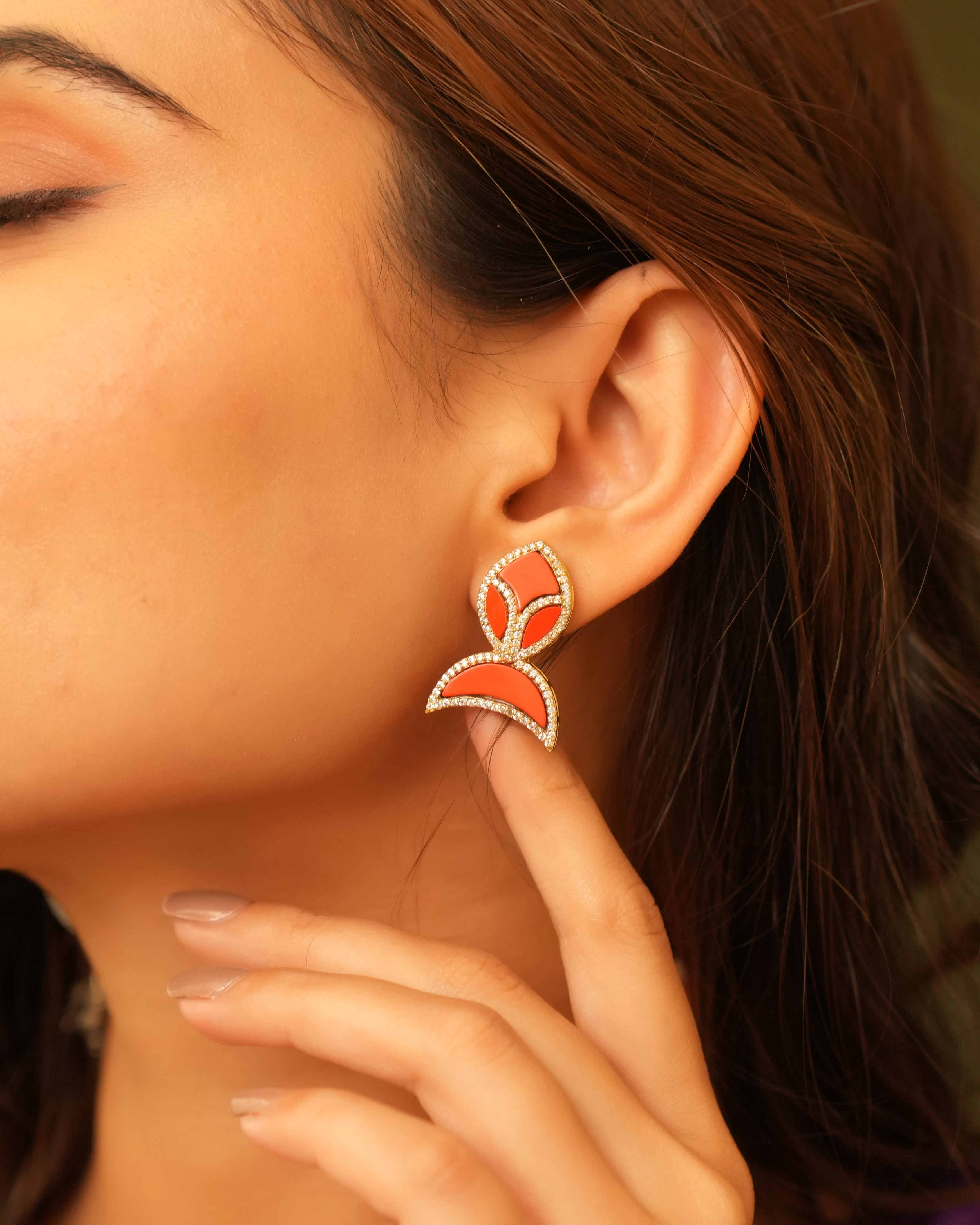 Aesthetic Red Stone Studs with Diamond Clusters